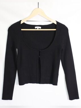 Crescent Black Ribbed Scoop-Neck Long Sleeve Cardigan